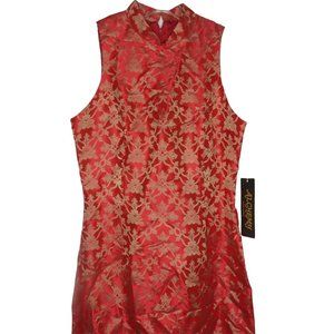 Red Gold Asian Cheongsam Wiggle Dress Small Vintage 70s New Old Stock USA